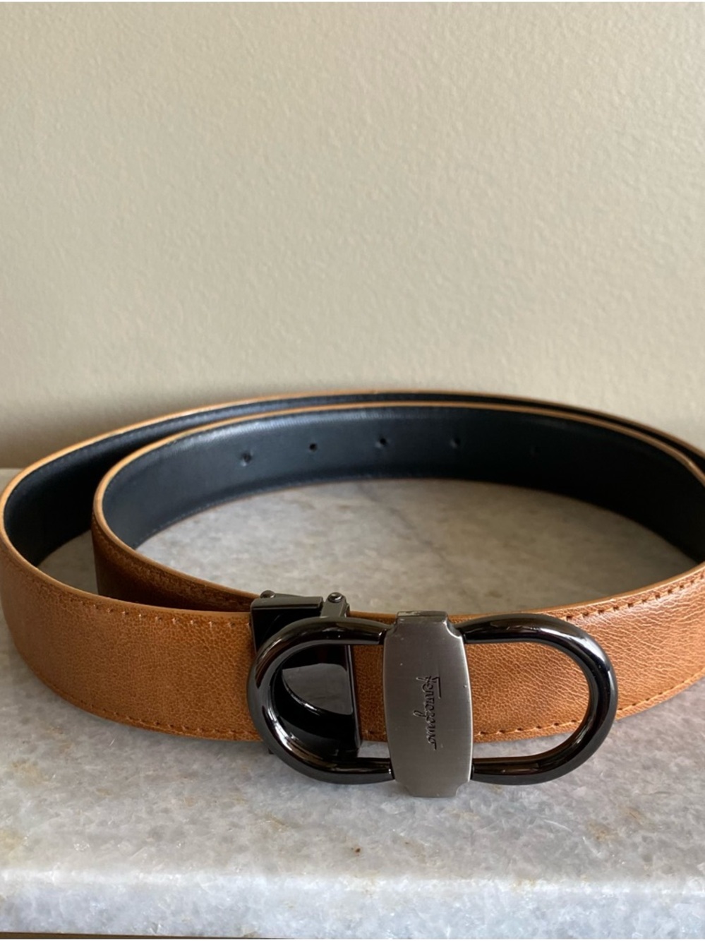 Salvatore ferragamo Men's Brown Tan Leather Belt with Double-Loop Buckle